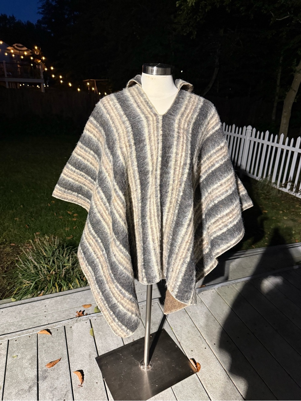 Vintage 70s Chevron Striped Wool Poncho Cape Brushed Alpaca Double Faced